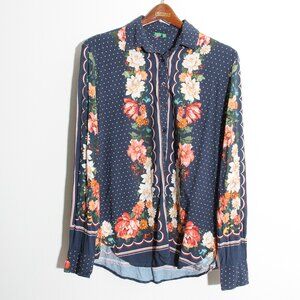 Farm Rio Floral Long Sleeve Shirt Blouse Button Up Floral Polka Dot Sz G / Large